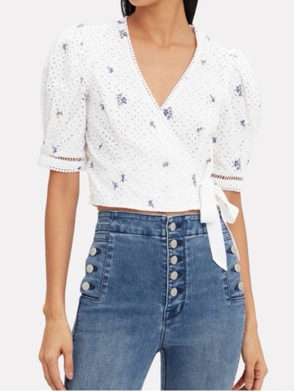 SAYLOR White Floral Eyelet Wrap Top with Tie